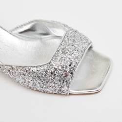 Miu Miu Silver Glitter Embellished Block Heel Slide Sandals Size 38