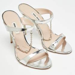 Miu Miu Silver Leather Crystal Embellished Slide Sandals Size 39