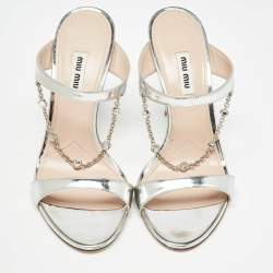 Miu Miu Silver Leather Crystal Embellished Slide Sandals Size 39