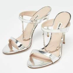 Miu Miu Silver Leather Crystal Embellished Slide Sandals Size 39