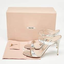 Miu Miu Silver Leather Crystal Embellished Slide Sandals Size 39