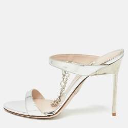 Miu Miu Silver Leather Crystal Embellished Slide Sandals Size 39