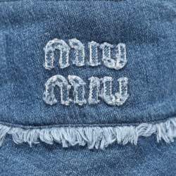 Pre Owned Miu Miu Blue Denim Logo Bucket Hat  