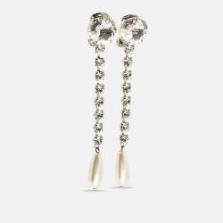 Miu Miu Silver Tone Crystal and Pearl Drop Earrings