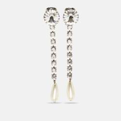 Miu Miu Silver Tone Crystal and Pearl Drop Earrings
