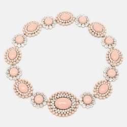 Miu Miu  Pink Composite Crystal Embellished Silver Tone Floral Choker Necklace