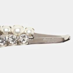 Miu Miu Silver Faux Pearl and Crystal Embellished Double Headband