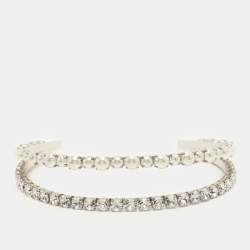 Miu Miu Silver Faux Pearl and Crystal Embellished Double Headband