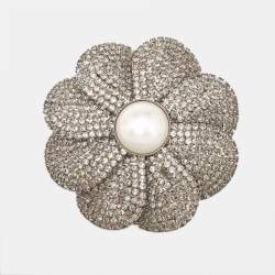 Miu Miu Floral Faux Pearl Crystal Silver Tone Brooch