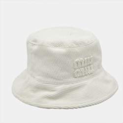 Pre Owned Miu Miu White Logo Corduroy Bucket Hat L