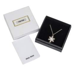 Miu Miu Snow Flake Crystal Embellished Drop Faux Pearl Silver Pendant Necklace.