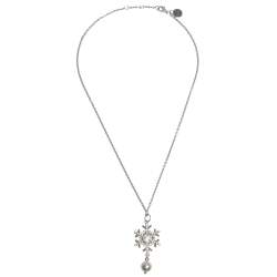 Miu Miu Snow Flake Crystal Embellished Drop Faux Pearl Silver Pendant Necklace.