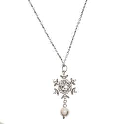 Miu Miu Snow Flake Crystal Embellished Drop Faux Pearl Silver Pendant Necklace.
