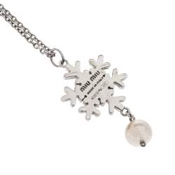 Miu Miu Snow Flake Crystal Embellished Drop Faux Pearl Silver Pendant Necklace.