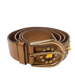 Miu Miu Golden Brown Soft Leather Embellished Buckle Belt 90CM
