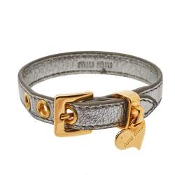 Miu Miu Silver Leather Gold Tone Heart Charm Bracelet