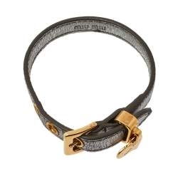 Miu Miu Silver Leather Gold Tone Heart Charm Bracelet