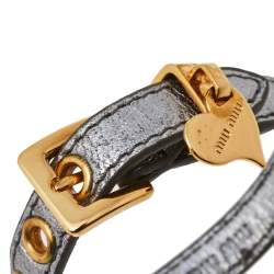 Miu Miu Silver Leather Gold Tone Heart Charm Bracelet