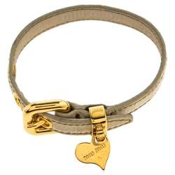 Miu Miu Cream Crocodile Embossed Leather Gold Tone Heart Charm Bracelet