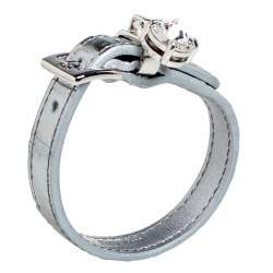 Miu Miu Silver Croc Embossed Leather Crystal Charm Wrap Bracelet