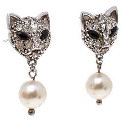 Miu Miu Sterling Silver Crystal Cat Pearl Drop Earrings