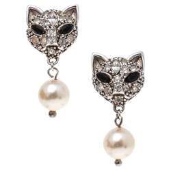 Miu Miu Sterling Silver Crystal Cat Pearl Drop Earrings