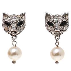 Miu Miu Sterling Silver Crystal Cat Pearl Drop Earrings