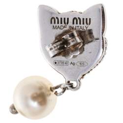 Miu Miu Sterling Silver Crystal Cat Pearl Drop Earrings