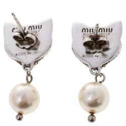 Miu Miu Sterling Silver Crystal Cat Pearl Drop Earrings