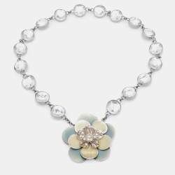 Miu Miu Silver Tone Crystal Resin Flower Pendant Necklace