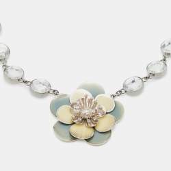 Miu Miu Silver Tone Crystal Resin Flower Pendant Necklace