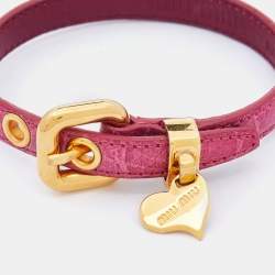Miu Miu Pink Crackled Leather Heart Charm Bracelet 