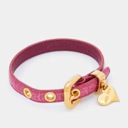 Miu Miu Pink Crackled Leather Heart Charm Bracelet 