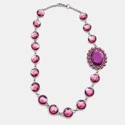 Miu Miu Pink Resin Silver Tone Station Necklace