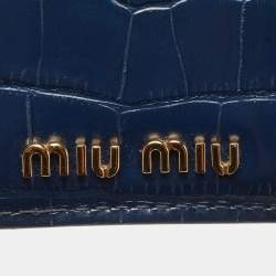 Miu Miu Navy Blue Croc Embossed Leather Chain Crystals Badge Holder