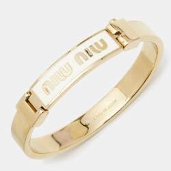 Miu Miu White Logo Print Enamel Gold Tone Bracelet 