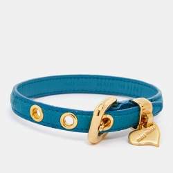 Miu Miu Blue Leather Gold Tone Heart Charm Bracelet