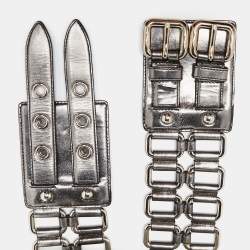 Pre Owned Miu Miu Metallic Silver Leather Ring Wide Waist Belt 75CM