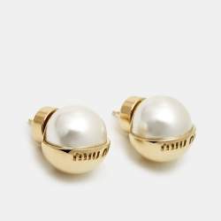 Miu Miu Logo Faux Pearl Gold Tone Earrings