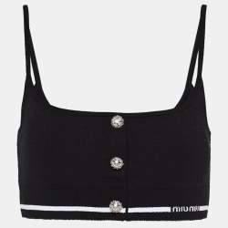 Miu Miu Black Crystal Embellished Button Stretch Knit Crop Top S