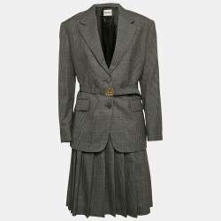 Miu Miu Antracite Grey Prince Of Wales Check Wool Belted Blazer and Skirt Set XS/M