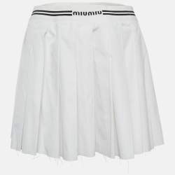 Miu Miu White Logo Intarsia Poplin Pleated Mini Skirt S