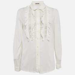 Miu Miu White Crepe Ruffled Lace Trim Detail Blouse S