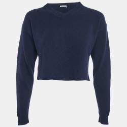 Miu Miu Navy Blue Wool V-Neck Crop Sweater S