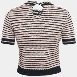 Pre Owned Miu Miu Blue/Pink Striped Crochet Short Sleeve Top S