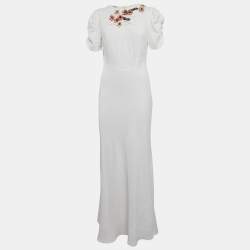 Miu Miu White Floral Embellished Crepe Ruched Sleeve Maxi Dress S