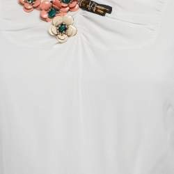 Miu Miu White Floral Embellished Crepe Ruched Sleeve Maxi Dress S