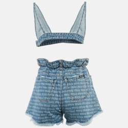Pre Owned Miu Miu Blue Logo Print Denim Shorts and Top Set S