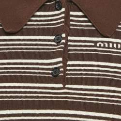 مملوكة مسبقًا Miu Miu Brown Striped Cotton Knit Polo Crop T-Shirt S