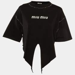 Pre Owned Miu Miu Black Logo Print Cotton Studded Front Tie Crop Top S